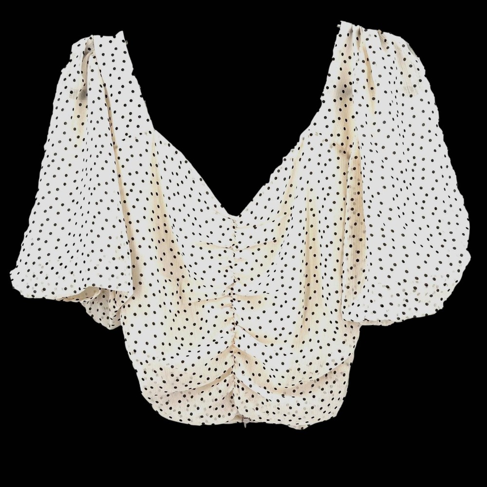 MNG Womens Top 8 Cream Black Polka‎ Dot NWT Y2K Sweetheart Neckline Puff Sleeves